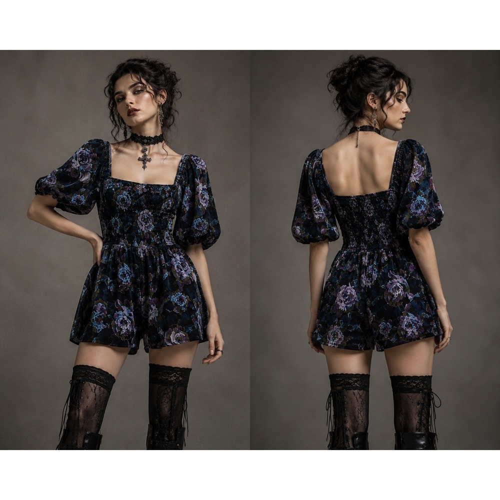 UO Smocked Velvet Floral Romper M‎ Black Gothic Renaissance Boho Dark Coquette